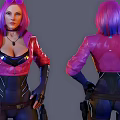 Stylish Game Character With Purple Hair Pink Leather Jacket Black Bodysuit Gloves And Utility Belt