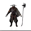 Man in Horned Helmet With Leather Armor Cloak Holding Battle Axe Fantasy Warrior