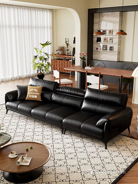 Modern Black Leather Three Seater Sofa With Throw Pillow Area Rug And Indoor Plants 3d model 