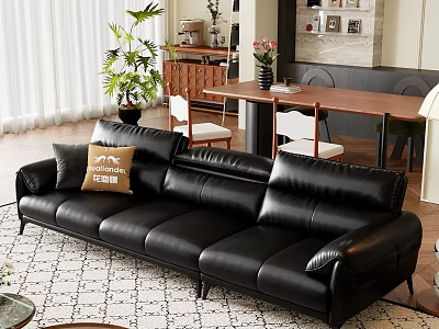 Modern Black Leather Three Seater Sofa With Throw Pillow Area Rug And Indoor Plants 3d model