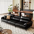 Modern Black Leather Three Seater Sofa With Throw Pillow Area Rug And Indoor Plants