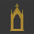 Scenic Golden Gothic Arch With Pointed Spires Decorative Details And Reflection On Black Background