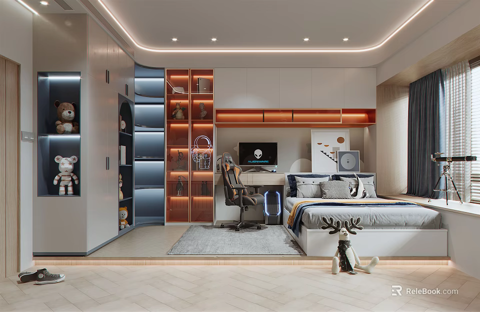 Modern Tatami Bedroom Interior Design With Desk Storage Cabinets And Decorative Toys 3d model 