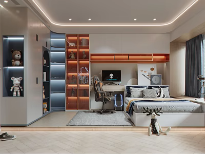 Modern Tatami Bedroom Interior Design With Desk Storage Cabinets And Decorative Toys 3d model