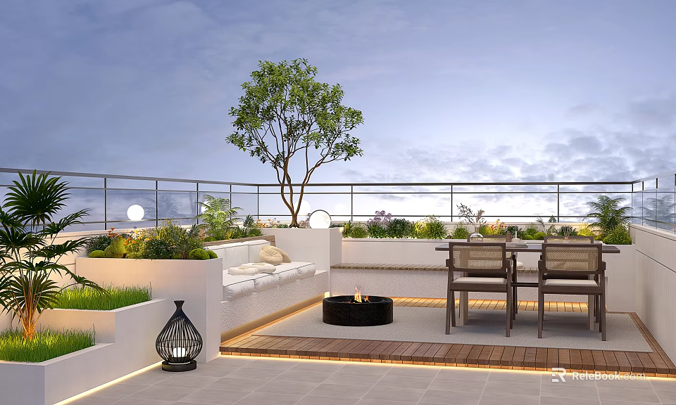Roof Garden With Large Tree Green Plants White Bench Black Fire Pit And Wooden Furniture 3d model 