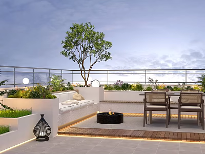 Roof Garden With Large Tree Green Plants White Bench Black Fire Pit And Wooden Furniture 3d model
