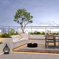Roof Garden With Large Tree Green Plants White Bench Black Fire Pit And Wooden Furniture