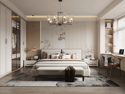 Modern Bedroom Interior With Chandelier King Bed Wardrobe Desk And Area Rug 3d model