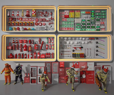 Firefighting Themed Decorative Figurine Set With Display Cabinets Firefighter Figures And Red Equipment 3d model