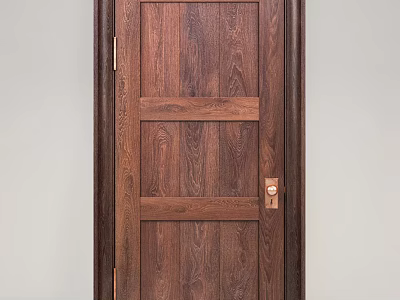 Solid Wood Swing Door With Dark Brown Wood Grain And Classic Frame Design 3d model