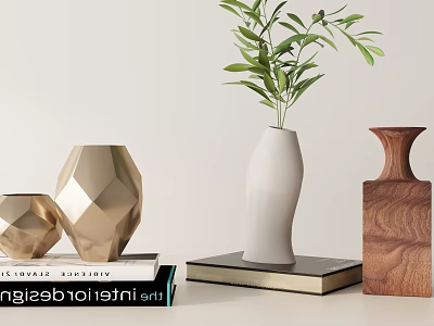 Modern Decorative Accessory Set With Gold Vases Wooden Decor Green Plants And Stacked Books 3d model