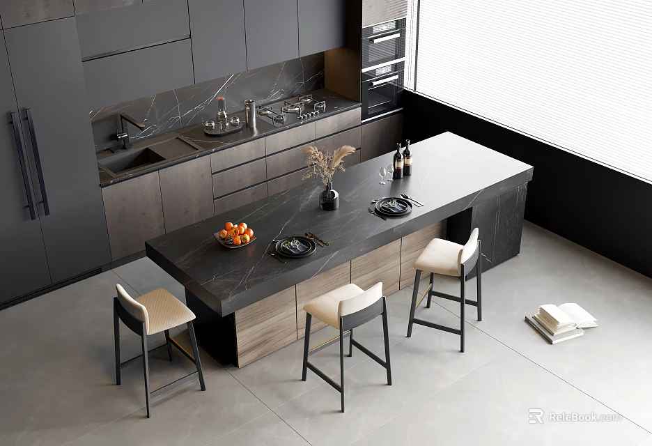 Modern Kitchen Interior Design With Dark Bar Counter And Beige Bar Stools 3d model 