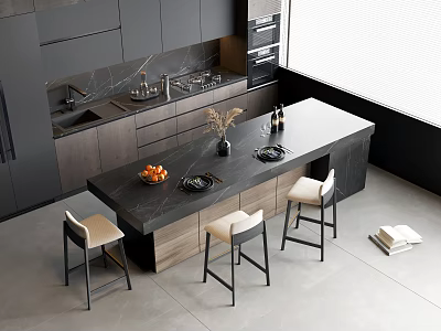 Modern Kitchen Interior Design With Dark Bar Counter And Beige Bar Stools 3d model