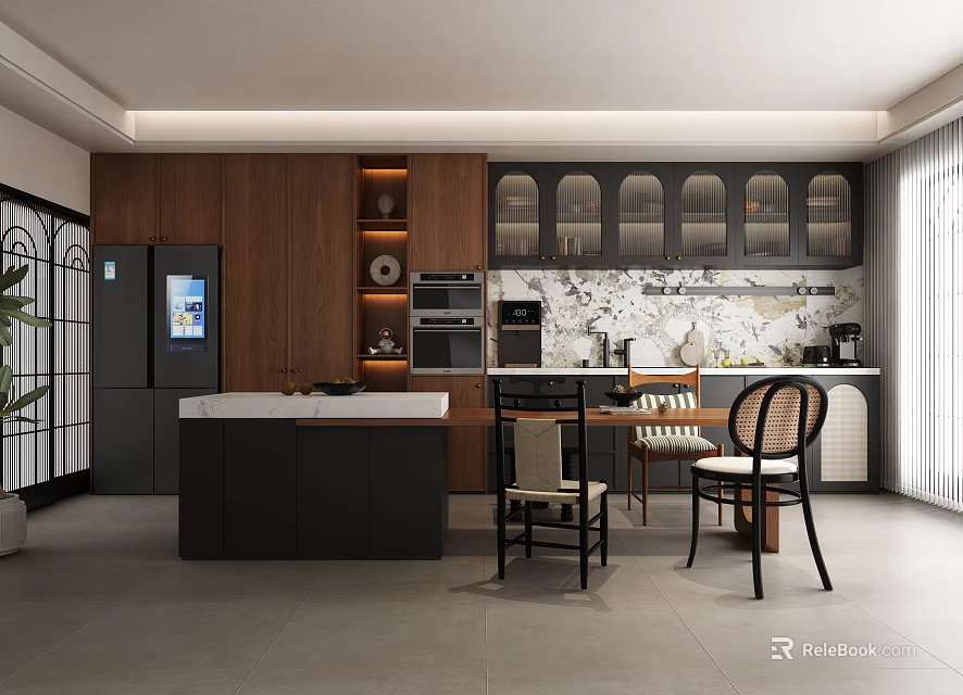 Modern Restaurant Interior Design With Wooden Dining Table Black Chairs And Pendant Lights 3d model 