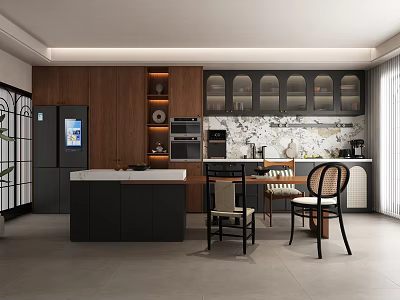 Modern Restaurant Interior Design With Wooden Dining Table Black Chairs And Pendant Lights 3d model