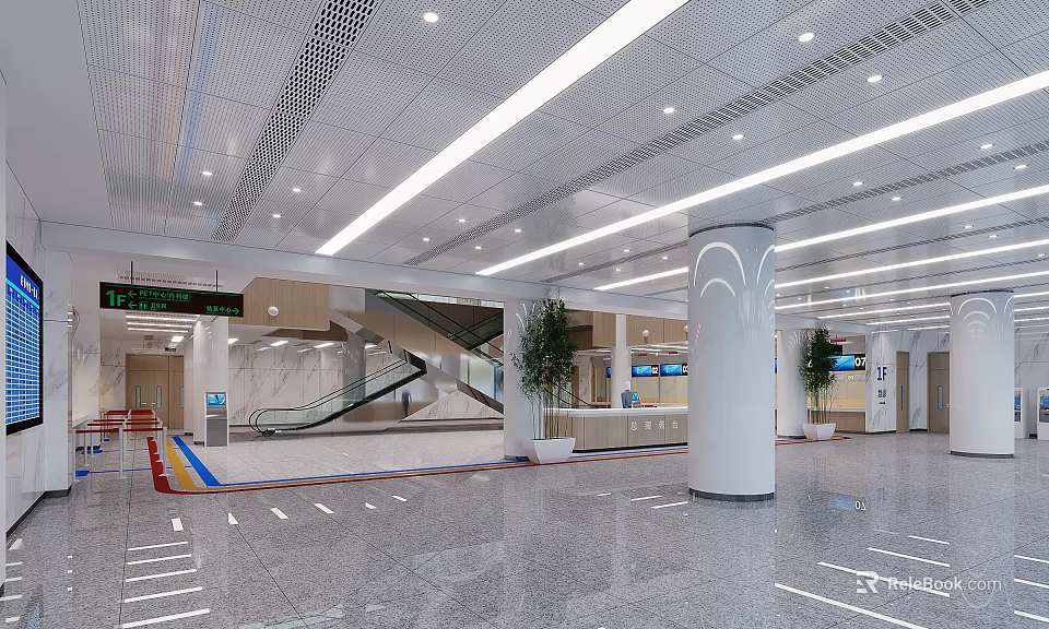 Spacious Modern Public Hall Interior With White Columns Linear Lighting And Escalator 3d model 