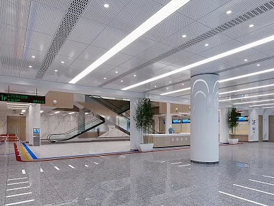 Spacious Modern Public Hall Interior With White Columns Linear Lighting And Escalator 3d model