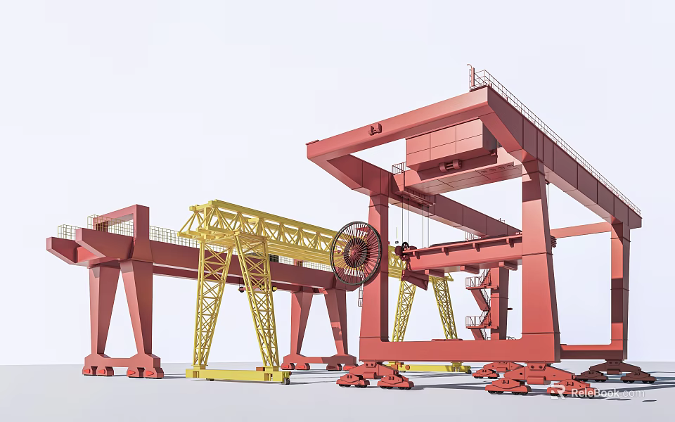 Industrial Gantry Crane Equipment With Red Yellow Steel Frame Structure And Heavy Duty Wheels 3d model 
