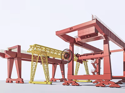 Industrial Gantry Crane Equipment With Red Yellow Steel Frame Structure And Heavy Duty Wheels 3d model