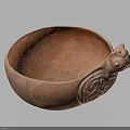 Reddish Brown Terracotta Bowl With Animal Head Decoration And Carved Patterns