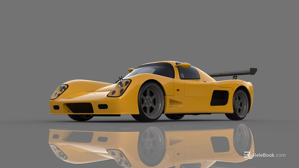 Yellow Sports Car With Streamlined Design Black Rear Wing Wheels And Reflection On Gray Background 3d model 