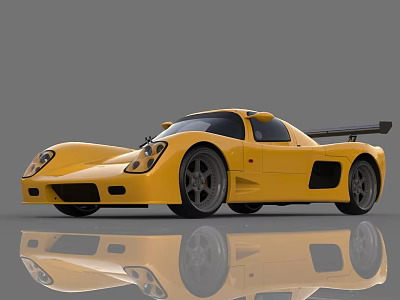 Yellow Sports Car With Streamlined Design Black Rear Wing Wheels And Reflection On Gray Background 3d model