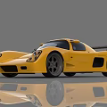 Yellow Sports Car With Streamlined Design Black Rear Wing Wheels And Reflection On Gray Background