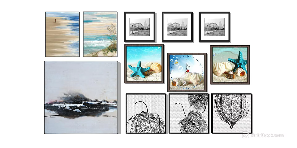 Wall Art Featuring Ocean Waves Starfish Seashells And Black White City Scenes 3d model 