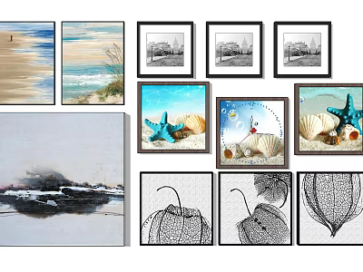 Wall Art Featuring Ocean Waves Starfish Seashells And Black White City Scenes 3d model