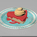 Pink Cake Slice With Cream Topping On Blue Paper Plate And Red Sauce Drizzle