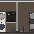 Modern Laundry Room With Stacked Washing Machines Dryers And Wooden Cabinets