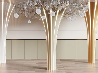 Elegant Gold And White Pillars With Lighting And Decorative Hanging Spheres In Modern Interior 3d model
