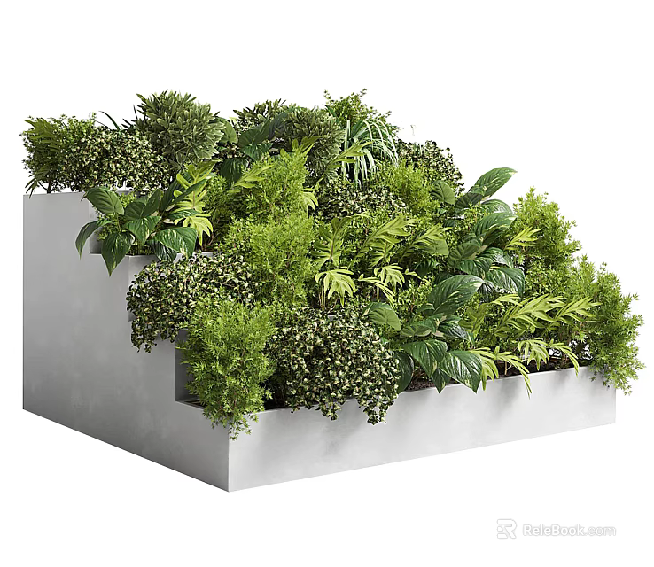 Modern Garden Ornament With Rectangular Concrete Planter And Lush Green Plants 3d model