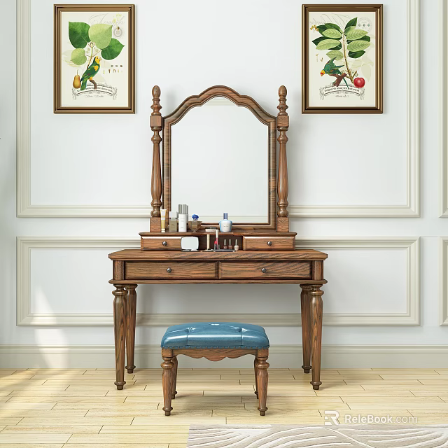 Wooden Vanity Table With Mirror Drawers Blue Stool And Decorative Paintings On White Trimmed Wall 3d model 