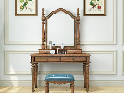 Wooden Vanity Table With Mirror Drawers Blue Stool And Decorative Paintings On White Trimmed Wall 3d model