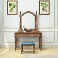 Wooden Vanity Table With Mirror Drawers Blue Stool And Decorative Paintings On White Trimmed Wall
