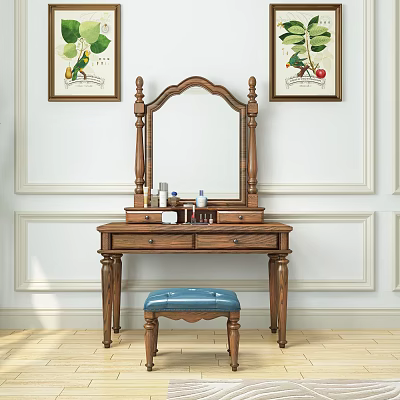 Wooden Vanity Table With Mirror Drawers Blue Stool And Decorative Paintings On White Trimmed Wall 3d model