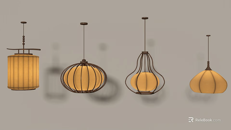 Various Shaped Modern Pendant Lights With Metal Frames And Warm Fabric Shades 3d model 
