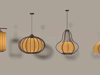 Various Shaped Modern Pendant Lights With Metal Frames And Warm Fabric Shades 3d model