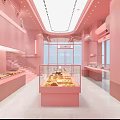 Pink Dessert Shop Interior With Display Cases Spiral Staircase Shelves Counter And Lighting