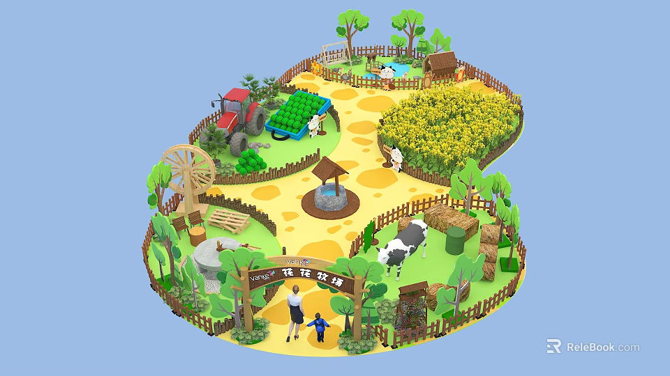 Scenic Farm Park With Windmill Cow Sunflower Field And Fountain Area 3d model 