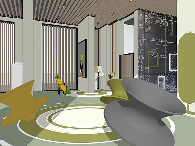 Kindergarten Activity Room Interior With Colorful Furniture Circular Carpet And Blackboard Wall 3d model