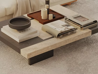 Modern Coffee Table With Stone Top Wooden Tray Books Magazines And Candles 3d model