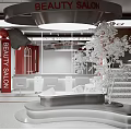 Beauty Salon Interior With Red And White Decor Sofa Tree Plant And Stairs