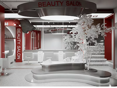 Beauty Salon Interior With Red And White Decor Sofa Tree Plant And Stairs 3d model