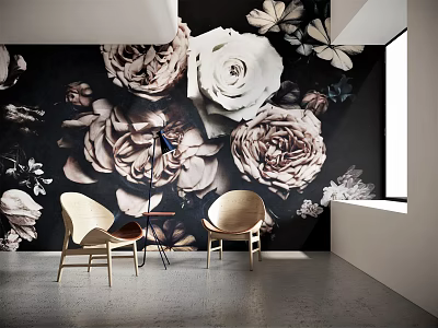 Table and Chair Set in Bright Interior With Large Floral Wallpaper and Floor Lamp 3d model