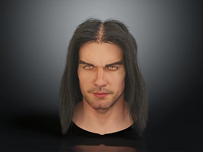 Realistic Male Head With Long Dark Hair And Facial Organs Including Eyes Nose Mouth Beard 3d model