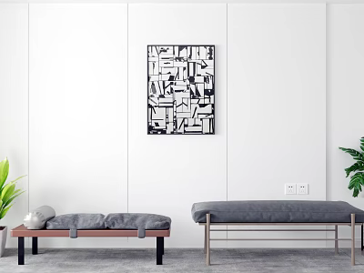 Footstools With Wooden Metal Frames Gray Cushions Near White Wall Art And Plant 3d model