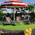 Outdoor Table And Chairs With Red White Striped Umbrella In Tropical Patio With Seashells Starfish