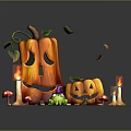 Halloween Decorative Setup Featuring Jack O Lanterns Candles Frog And Foliage Elements